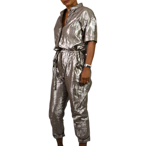 Xirena Theo Metallic Jumpsuit Brown Metallic Shimmer Cotton Lurex Belted Small - Picture 3 of 16